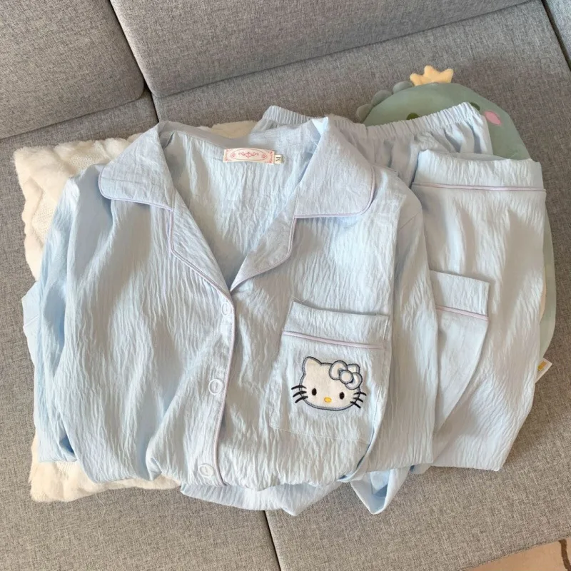 Cartoon Women Pajamas Set Anime Hello Kitty Long Sleeves Pants Kawaii Spring Autumn Nightgown Girls Student Home Clothing Set