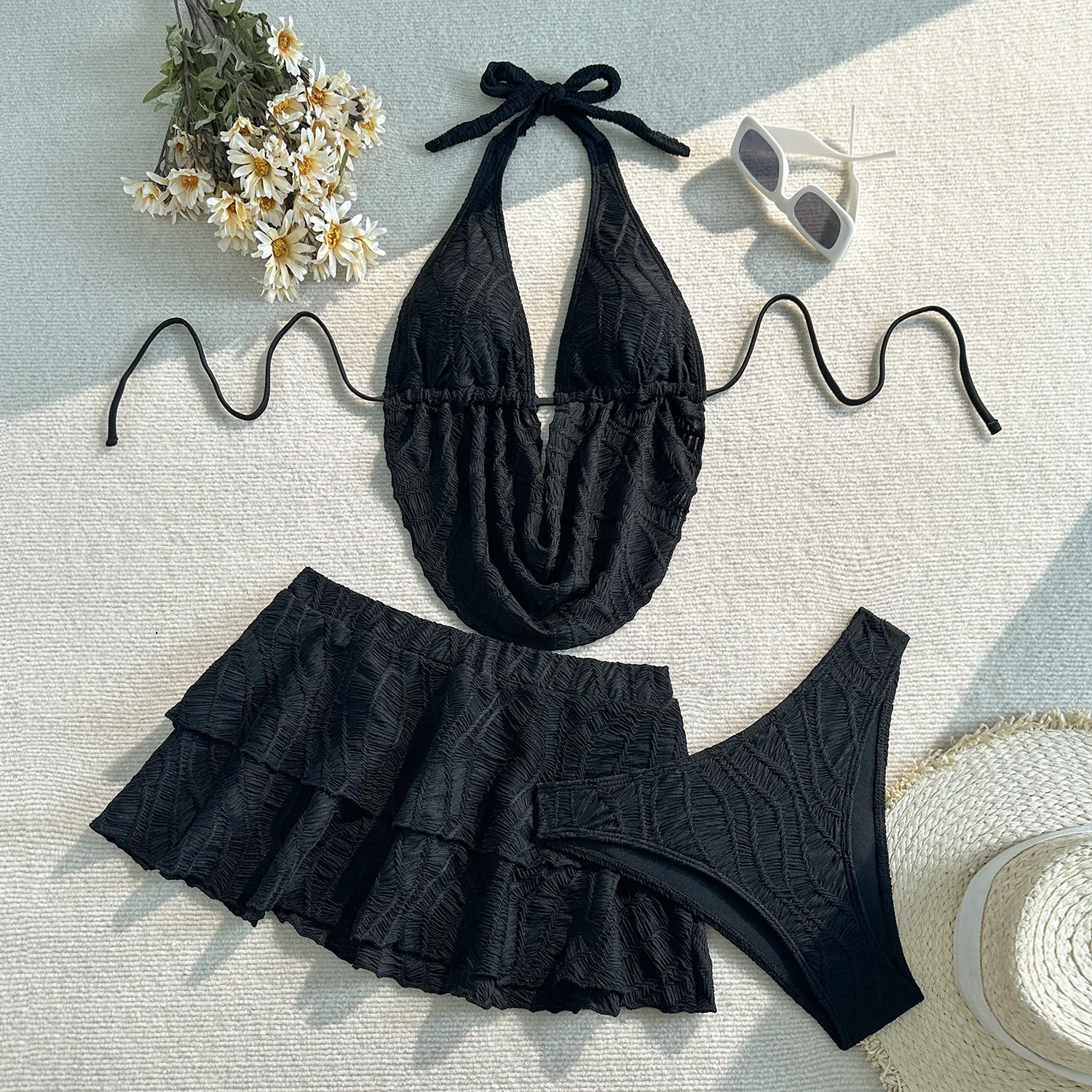 Sexy simples halter conjuntos de biquínis 3 pçs com mini saia volta gravata maiôs maiô praia outfits biquini tankini trikini