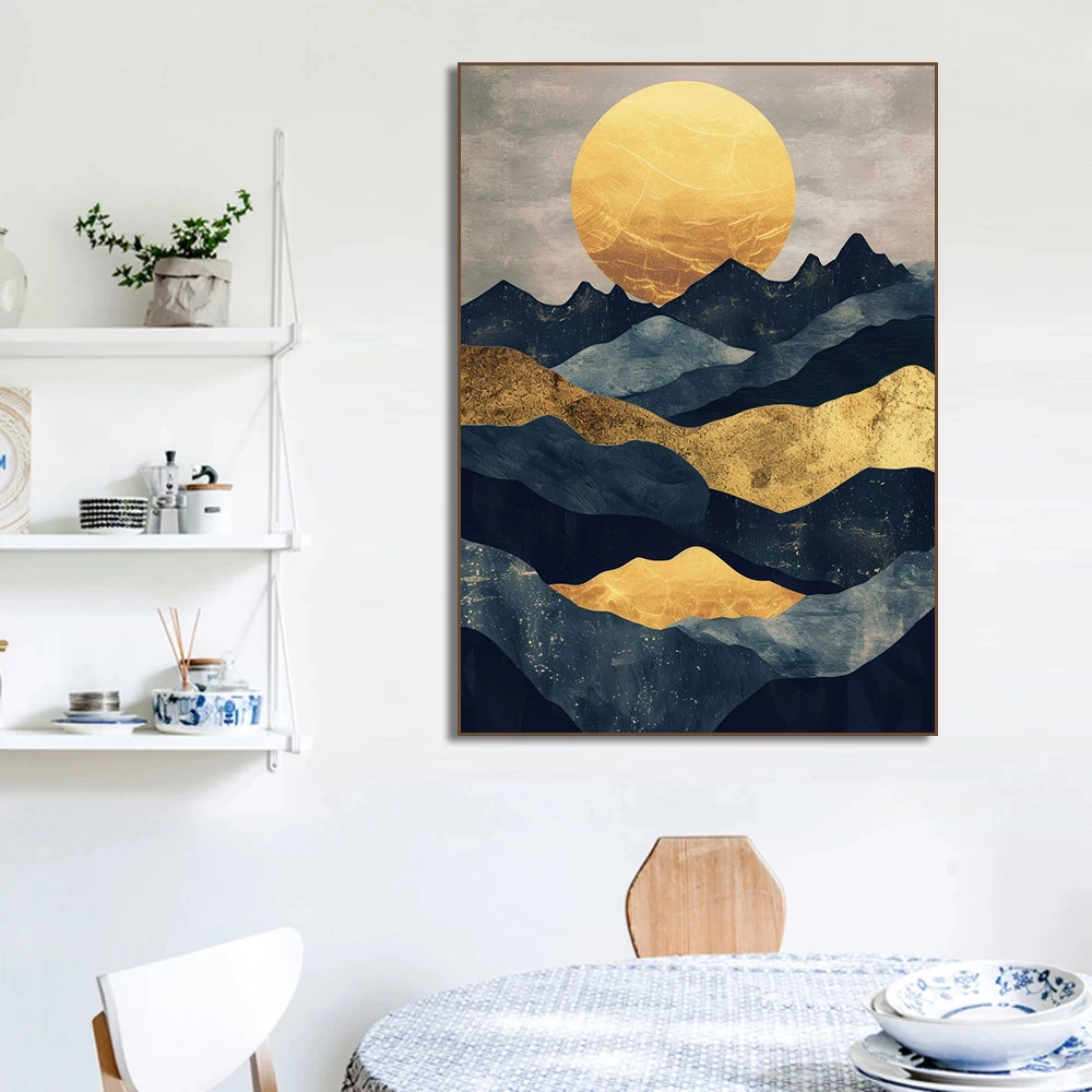 Abstract Nature Landscape Gold Moon Mountain River Poster Luxury Palm Tree Forest Canvas Painting Print Wall Art Home Decor