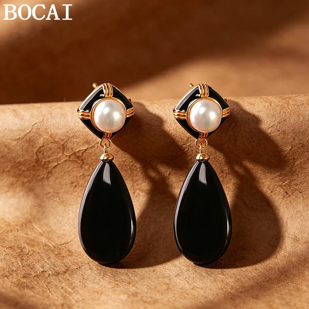BOCAI S925 Sterling Silver Jewelry Fashionable And Luxurious Water Droplets Black Agate Earrings Women's Selected Gift