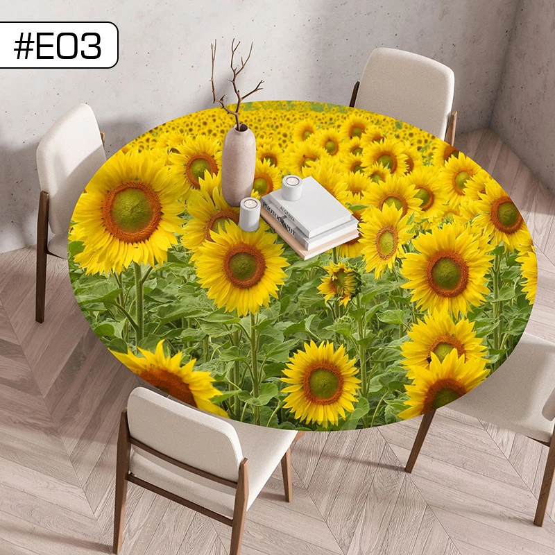 1pc Printing Sunflower Round Tablecloth With Elastic Edged Waterproof Wipeable Table Protector Cover Kitchen Wedding Home Decor
