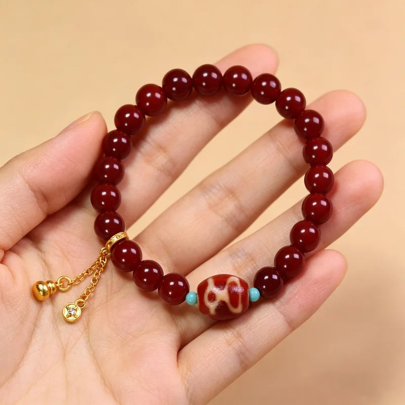 Natural Tibetan Genuine Old Mine Agate Dzi Bead Bracelet, Single Strand, Approximately 12x14mm