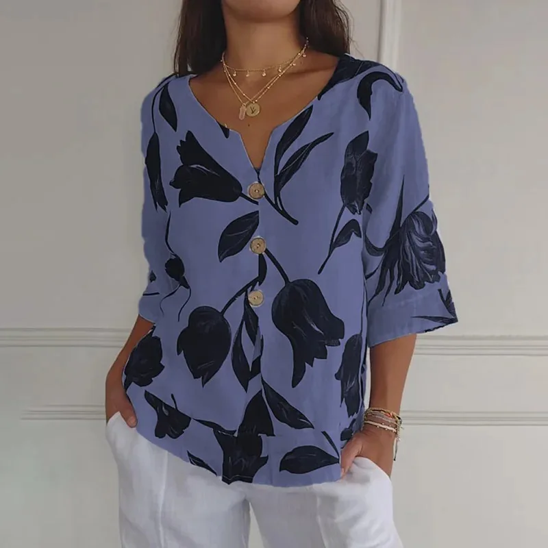 Camisa de lino y algodón estampada para mujer, Jersey de manga corta con cuello en V, ropa informal para primavera y verano, novedad de 2024