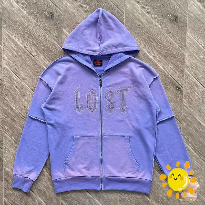 

24SS Streetwear Vintage Lost intricacy Lavender Zip Up Patchwork Hoodie Men Women Oversize Hooded