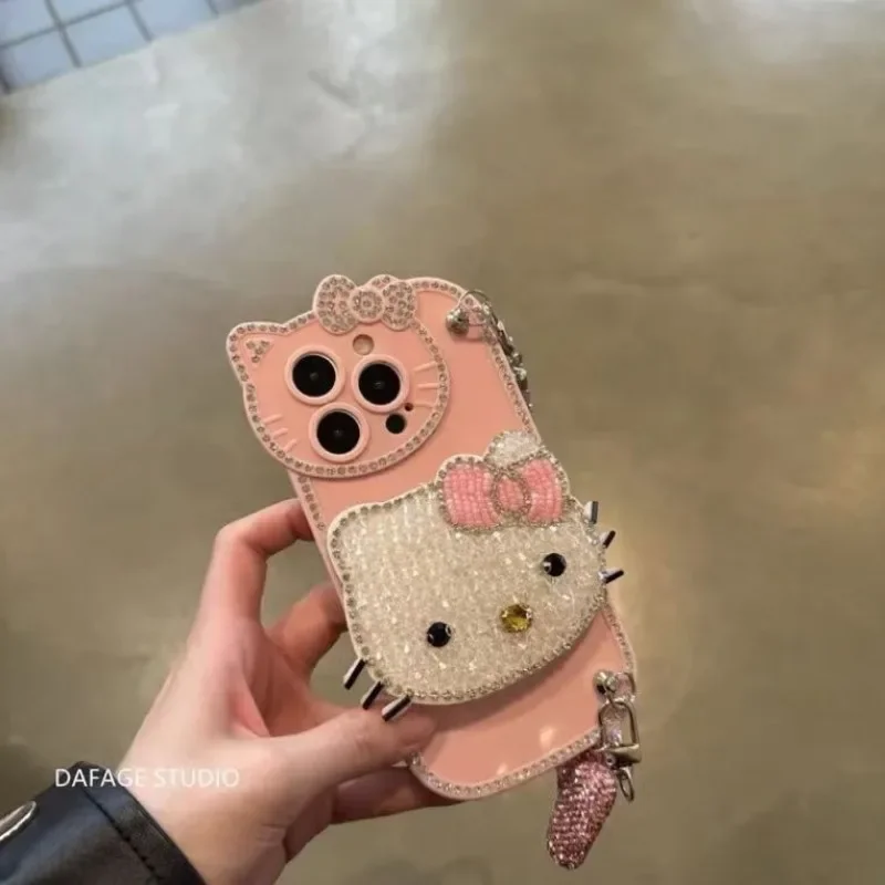 

Cartoon Hello Kitty Diamond Studded IPhone Case for IPhone 15 14 13 12 Pro Max Glitter Diamond Bow Chain Phone Case For Apple 16