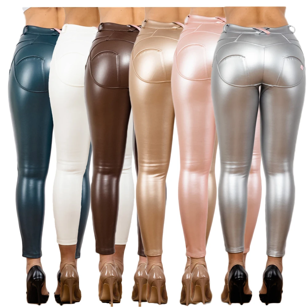 

Shascullfites Melody White Leather Jeans Women's Metallic Butt Lifting Push-Up Shaping Leggings Silver Color