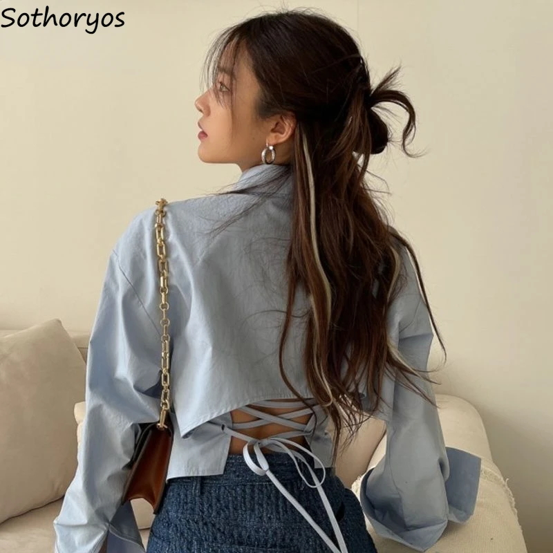 Chic Chiffon Shirts Women Criss-cross Drawstring Backless Trendy Design Turn-down Collar Single Breasted Ladies Solid Crop Tops