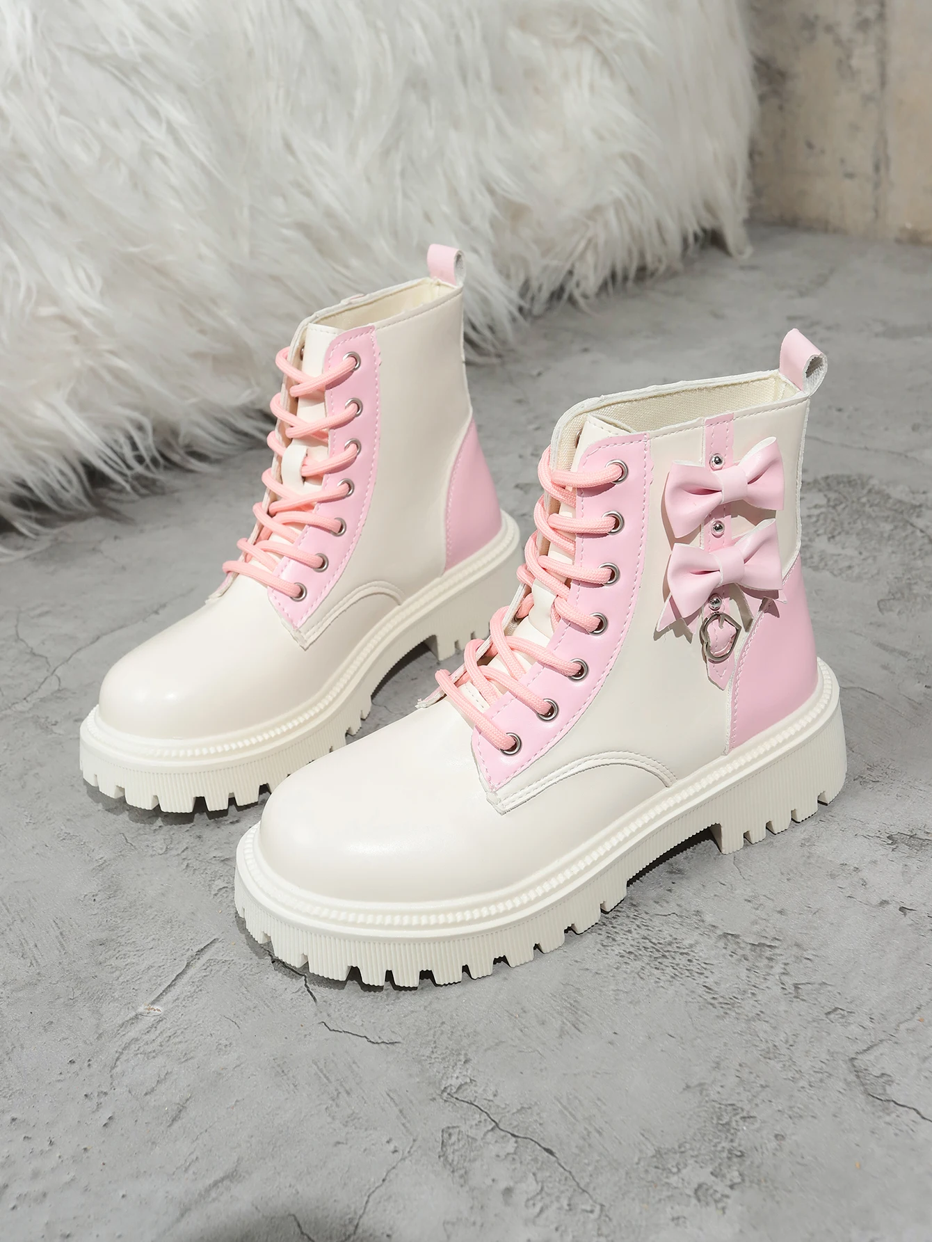 Süße Rosa Schleifenknoten-Stiefeletten in Mischfarben für Damen, Herbst 2026, mit Dicker Sohle, Schnürung, Candy-Punk-Stil und Metalldekoration, Größe 42 – Detail 15