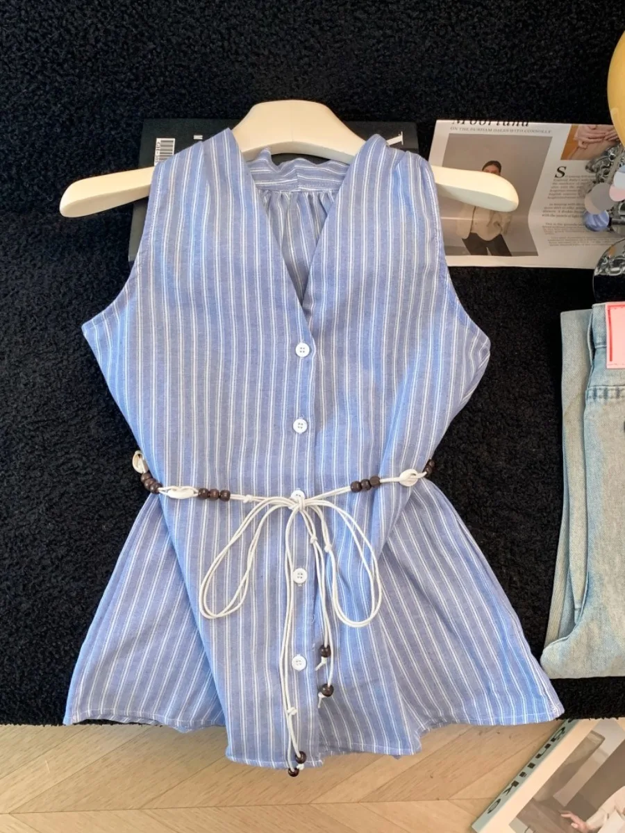 

Элегантная синяя полосатая женская рубашка-топ с V-образным вырезом, новинка лета, премиум-класс, с поясом на талии и завязками на шее