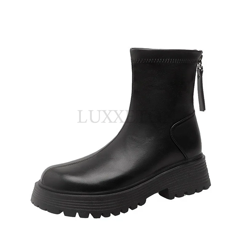 Genuine Leather Thick Soled Round Head Breathable Motorcycle Boots Casual and Fashionable Versatile and Simple Motorcycle Boots