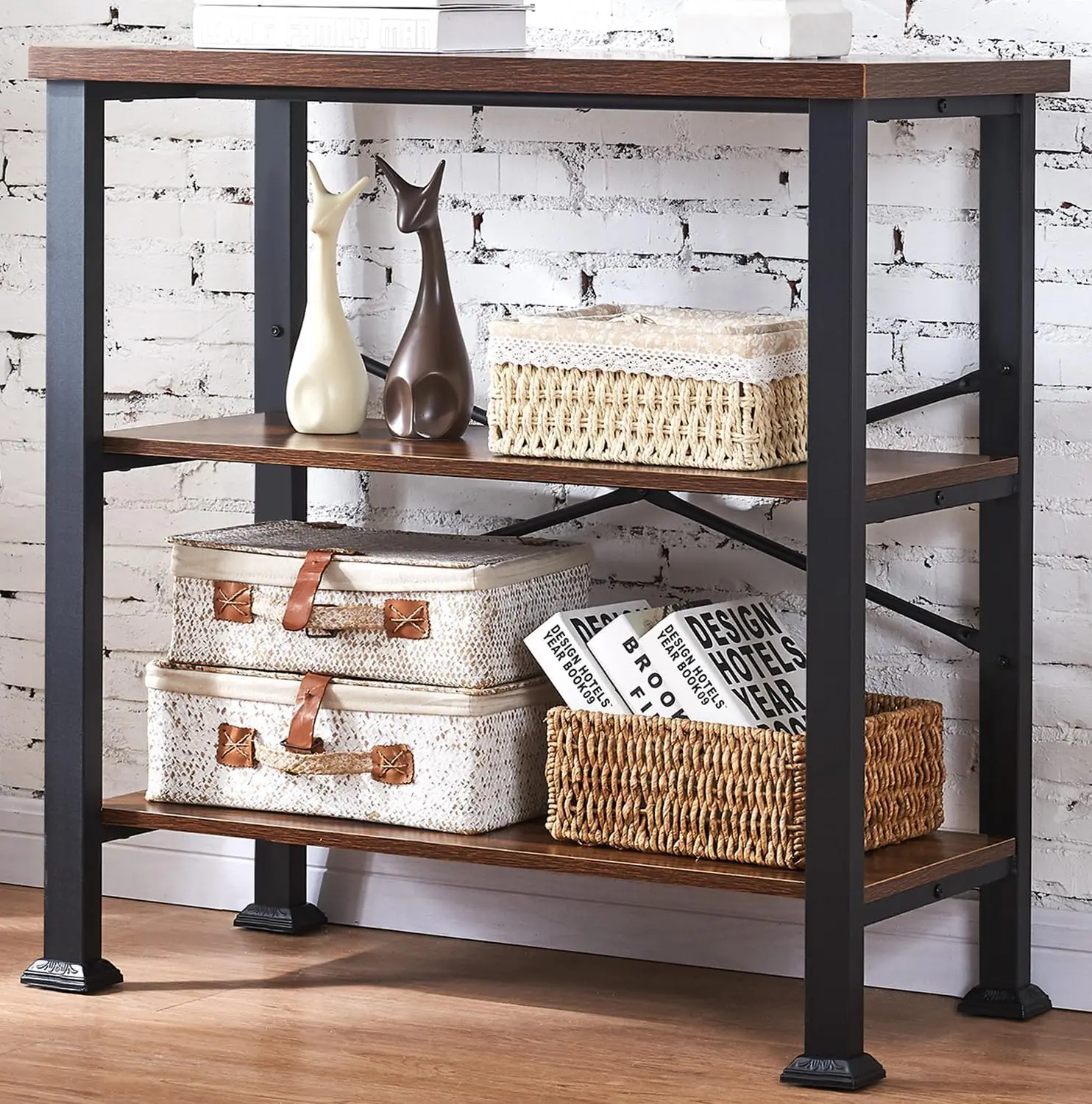 

3-Tier Vintage Industrial Book Shelf, Rustic Wood and Metal Bookcase and Bookshelves, Free Standing Storage Small Bookshelf NEW