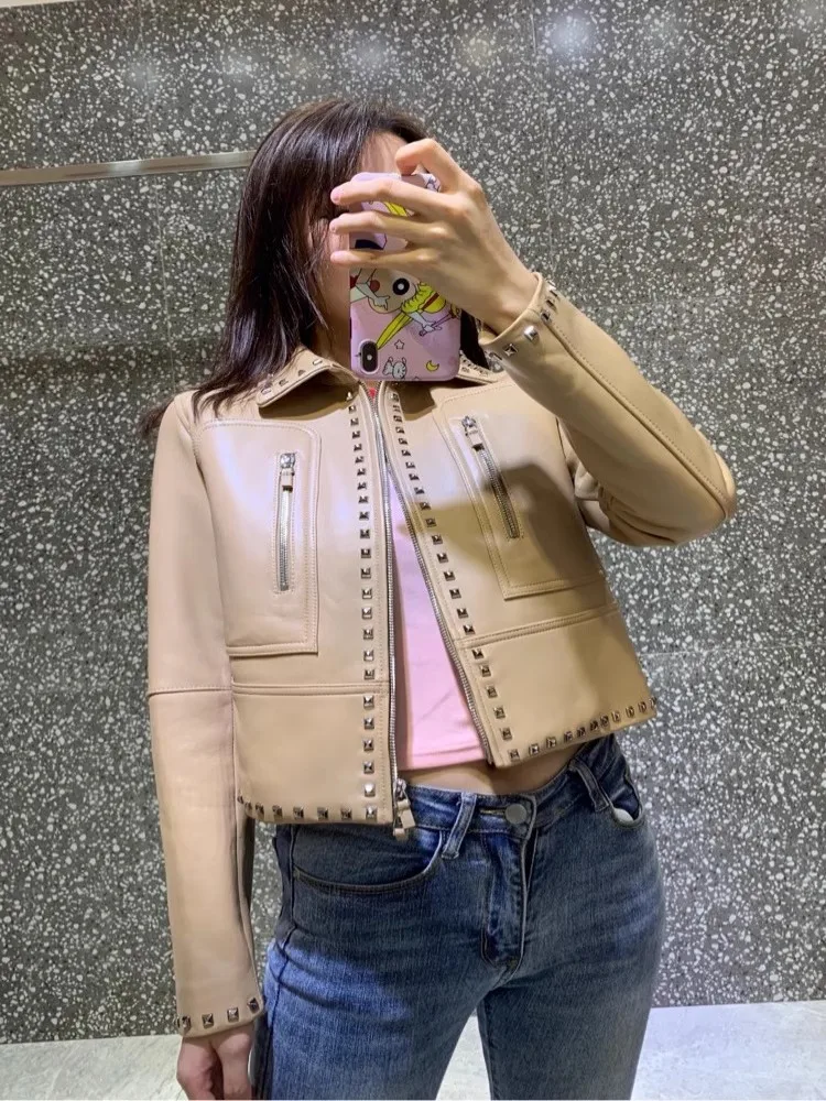 Women Genuine Leather Jacket Punk Style Slim Rivet Sheepskin Short Coat High Street Female Motorcycle Jackets Customized 20 Days