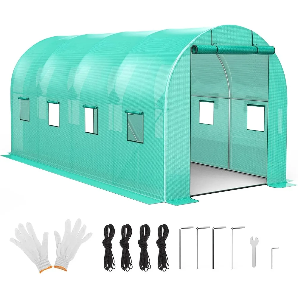 

15x7x7 FT Walk-in Greenhouse with 2 Roll-Up Zipper Doors and 8 Windows, Garden Plant Hot House with Galvanized Steel Frame