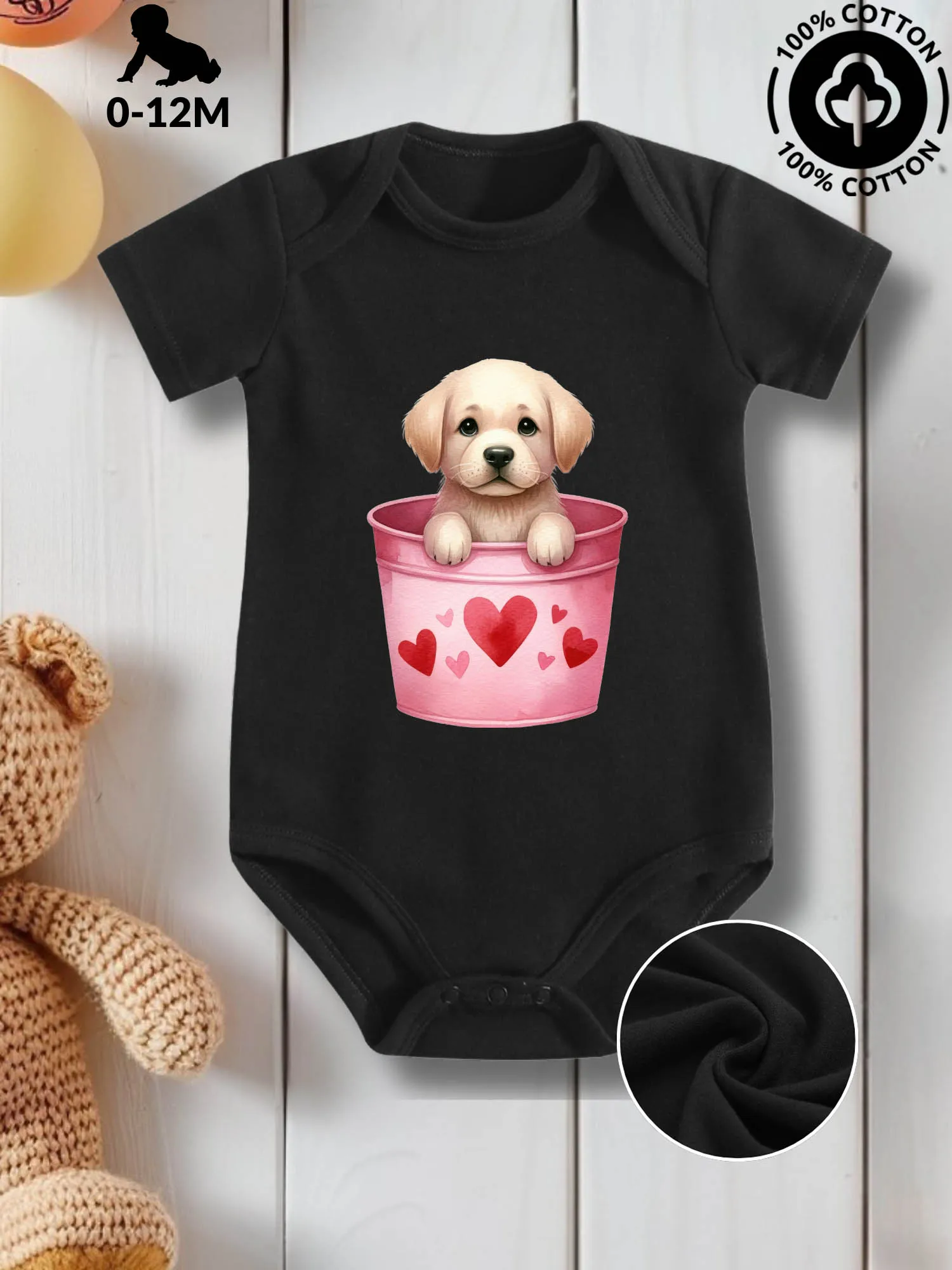 

Детский костюм унисекс для ползания Valentine Puppy In Bucket, комбинезон для ухода за кожей из чистого хлопка, всесезонный черный боди 190GSM