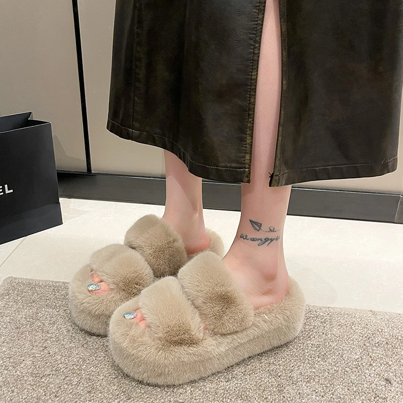 Woman Furry Ladies Fur Luxury Fluffy Plush Slipper House Soft Fuzzy Platform Indoor Casual Winter Home Warm High Heels Female