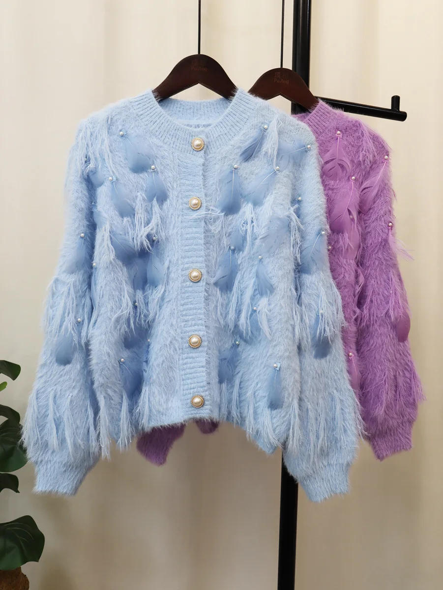 2023 Autumn And Winter Sweater Imitation Mink Velvet Sweet Feather Beads Tassel Knitted Cardigan Sweater Jacket Women's Fashion