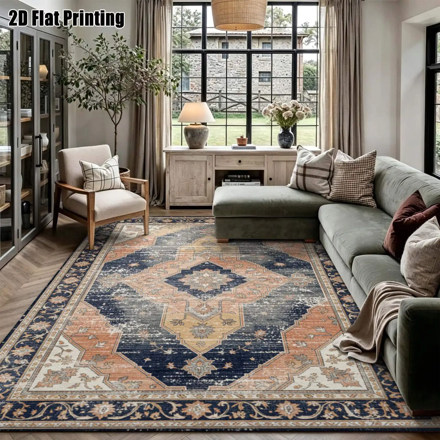 1Pc 2D Printed Carpet: Blue-Grey Geometric Retro Pattern, European Style Home Decor Rug, Machine Washable, Multi-Size for Living Room Bedroom Dining Room Entryway Study