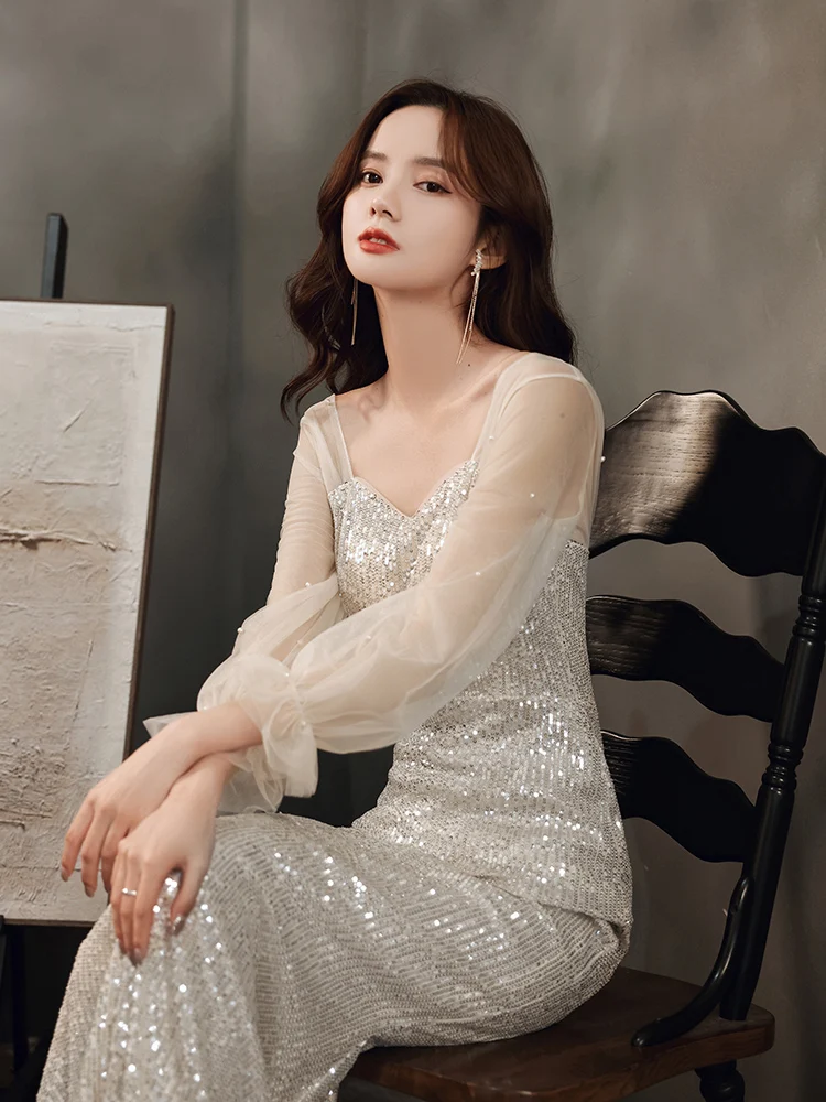 

iny Sequin Evening Dr Women's 2025 High-End Feel Fi Tail Luxury Small ence Banquet Elegance Adult Heavy Host