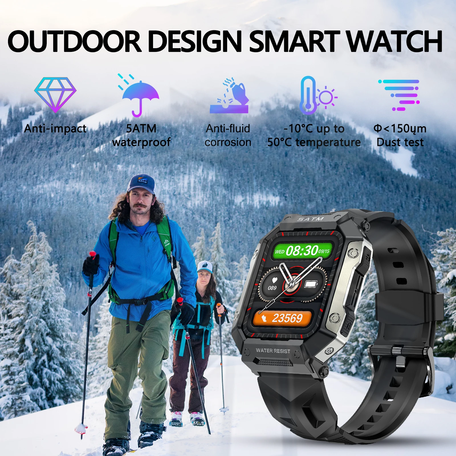 Rainbuvvy PG333 Rugged Smartwatch Outdoor Sports Fitness 24h Blood Oxygen Monitor Military Waterproof Smart Watch for Men