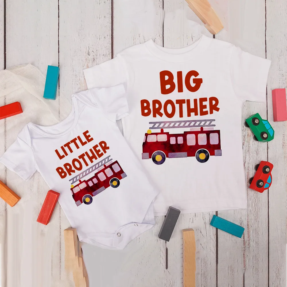 Big Brother Little brother Family Matching Clothes fire truck print Boys T-shirt Baby Toddler Romper Kids Tee Tops child Outfits