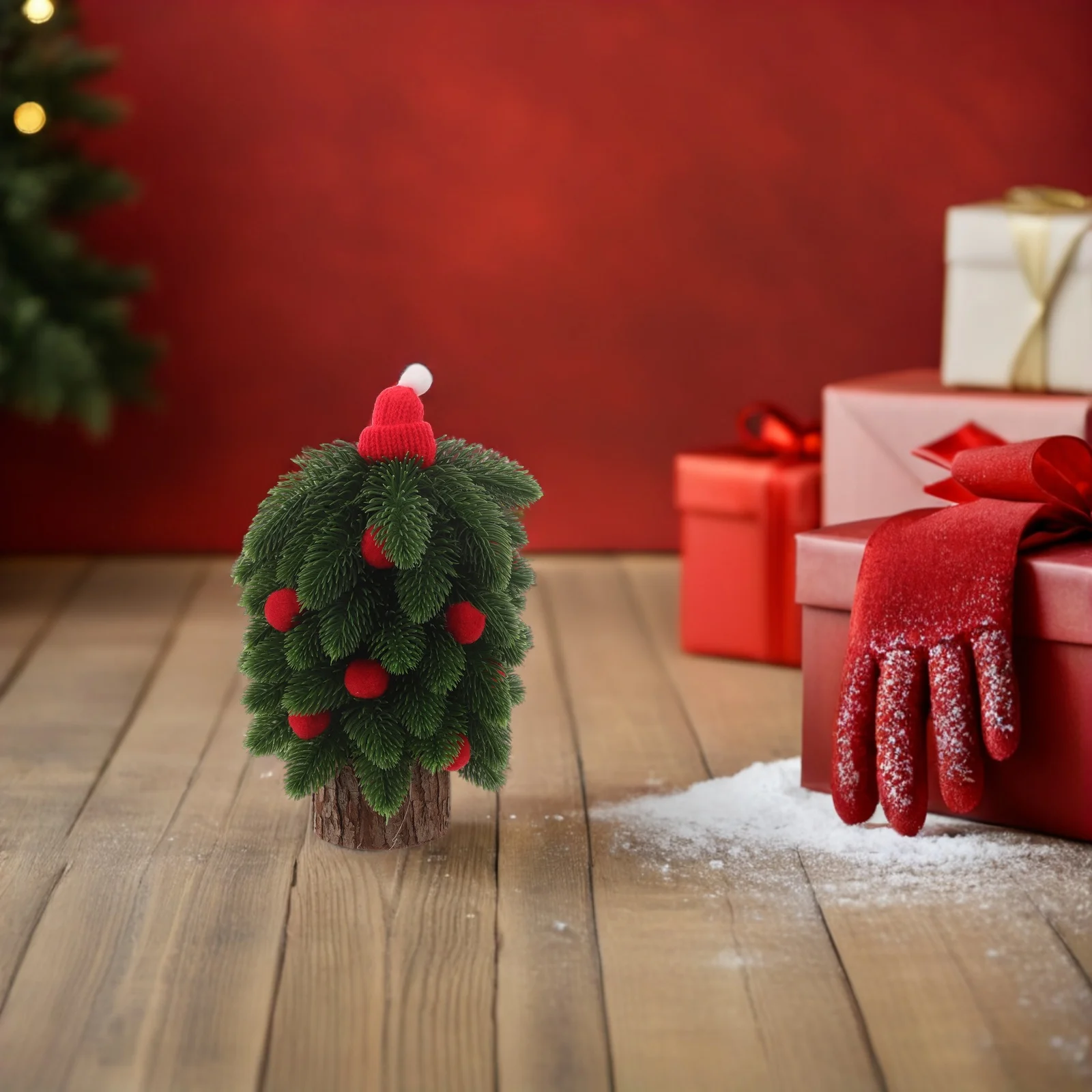 

1pcs Mini Artificial Christmas Desktop Decoration Realistic Wooden Base Fake Xmas Tree Tiny Hat Ornament Holiday Winter Scene