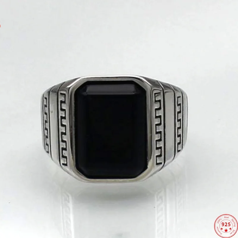 

S925 Sterling Silver Charms Rings for Men Women Retro Striped Pattern Inlaid Black Agate New Fashion Punk Jewelry Wholesale