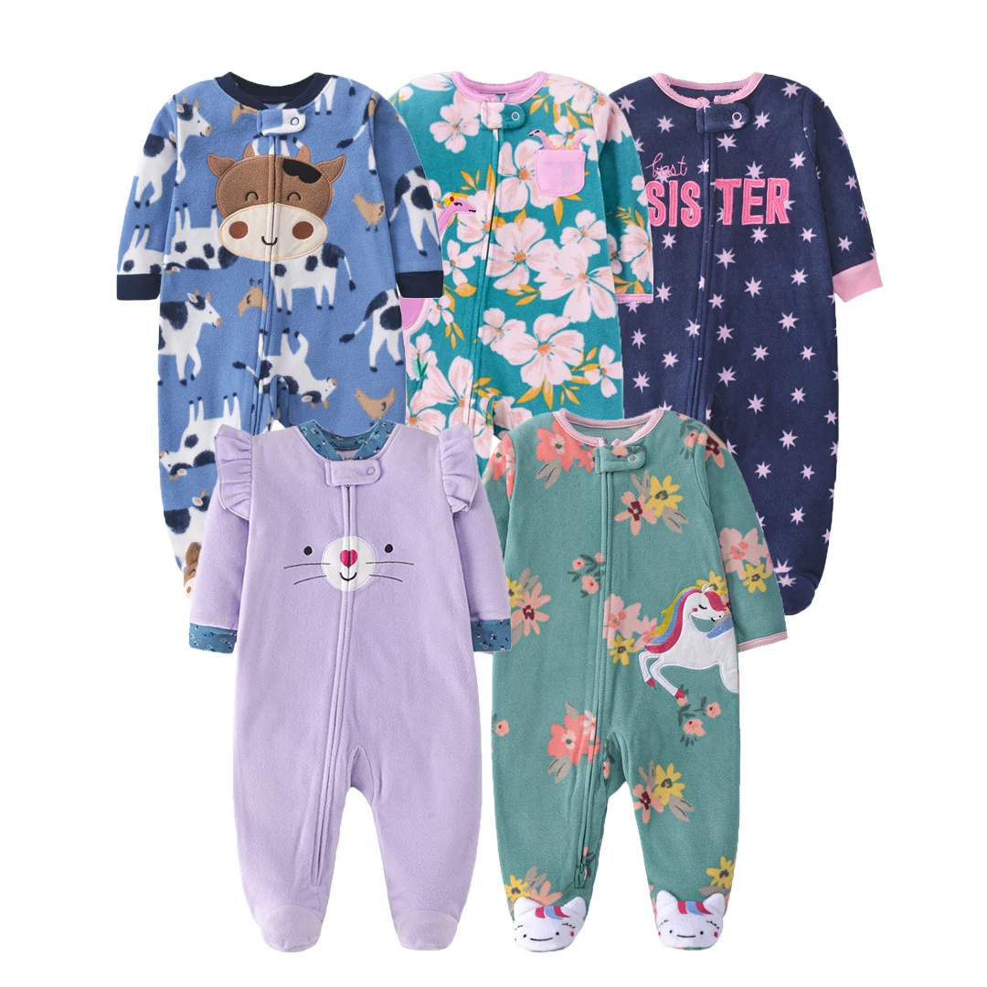 Newborn Baby Girl Clothing Premium Polar‑Fleece Long‑Sleeve Cartoon Rompers Zipper Jumpsuit Suit 0‑12 Months Infant Warm Outfit
