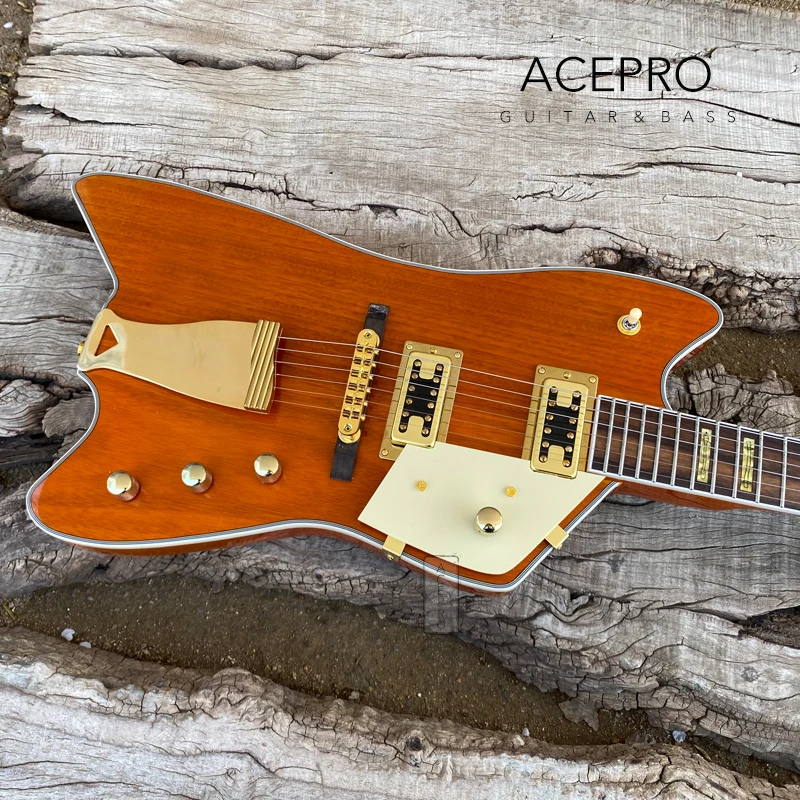 Custom BillyBo Jupiter Electric Guitar, Orange, Cow and Cactus Western Motiff Fretboard Inlays, Gold Hardware Tailpiece