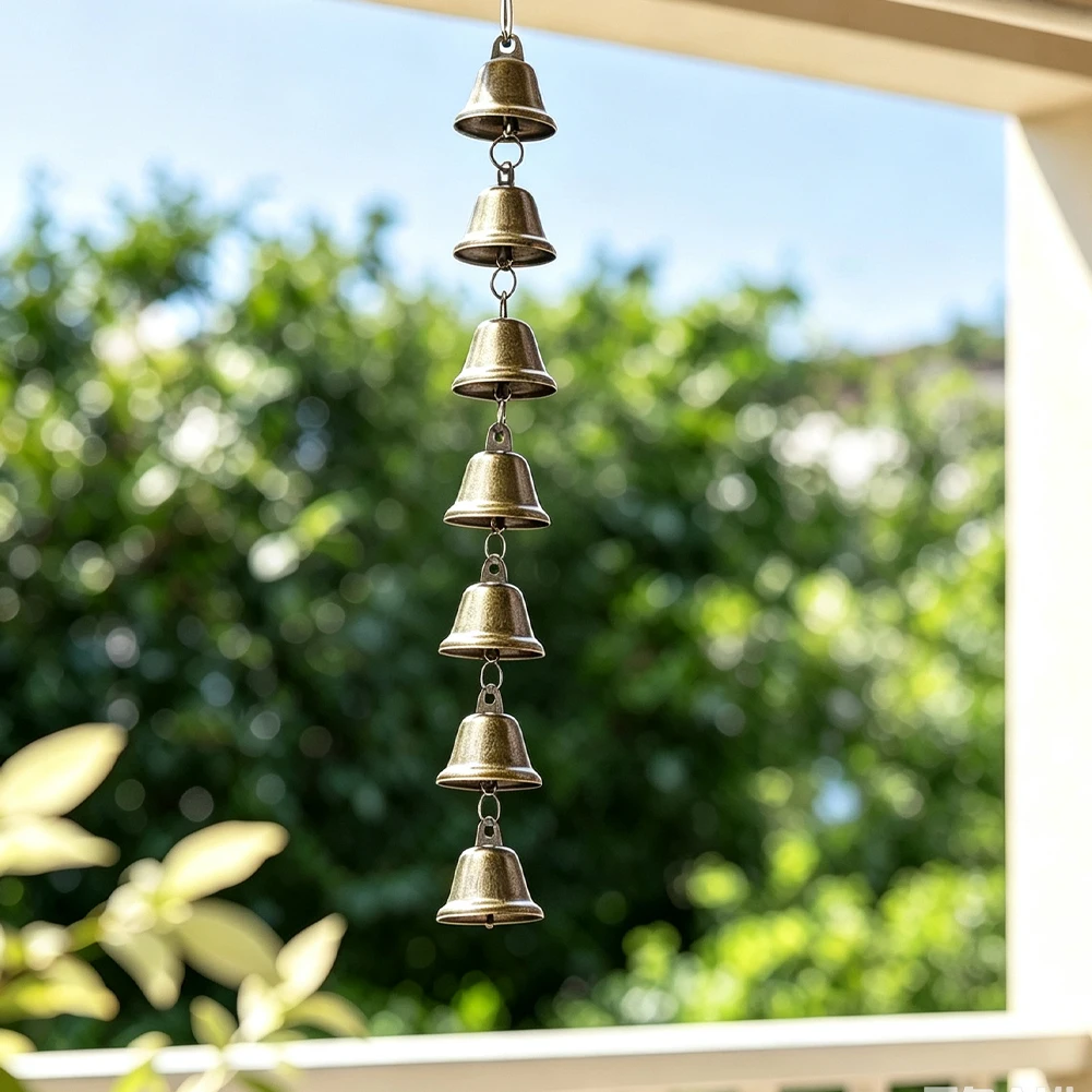 D9 Rustic Wind Chimes Hanging Lucky Metal Music Bell Chains Pendant +6 Hanging Bells Swivel Hook Window Garden Feng Shui Decor
