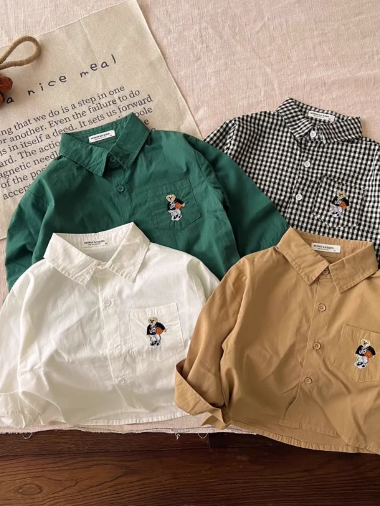 เด็ก Preppy ลายสก๊อต irt ยาว Sve เย็บปักถักร้อยฤดูใบไม้ผลิฤดูใบไม้ร่วงใหม่ Sle ex หมีเย็บ Fly ชุดจับคู่