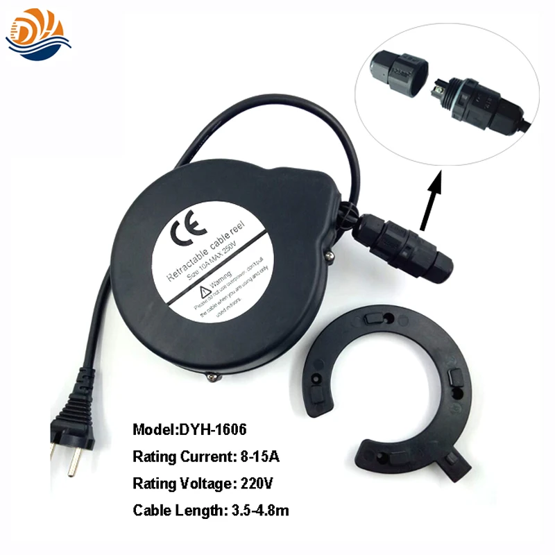 Free Shipping 3Cores*0.75mm2 Cable 6-8A 5M Spring Loaded Auto Retractable Power Extension Cord Reel DYH-1606