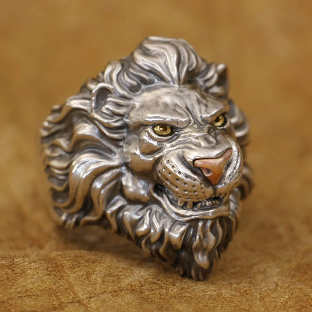 925 Sterling Silver King of Lion Ring Brass Eyes Copper Nose TA431 US Size 8~16