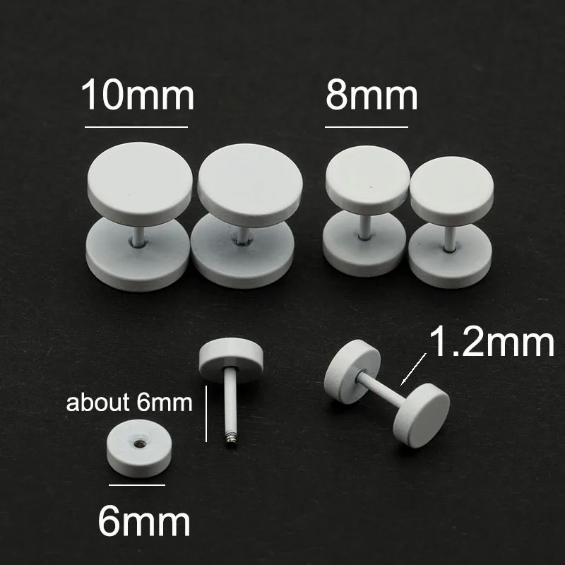 2PCS Fashion Men\'s Women\'s Ear Studs Earrings Fake Ear Plugs White 6mm 8mm 10mm Screw Round Barbell Jewelry Stainless Steel Punk