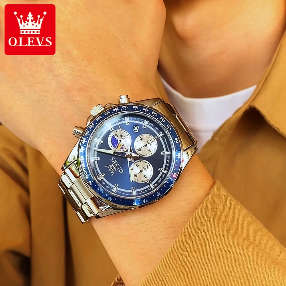 OLEVS أفضل العلامات التجارية ساعات رجالية رياضية موضة أصلية كوارتز ساعة اليد للرجل مقاوم للماء مضيئة مرحلة القمر كرونوغراف التاريخ