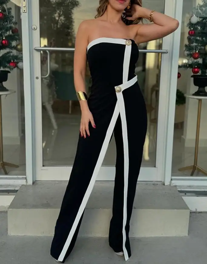 Jumpsuit Elegan Model Terbaru 2025, Warna-warni Seksi, Motif Print Colorblock, Asimetris, Tanpa Lengan, Slim Fit, Hiasan Kancing