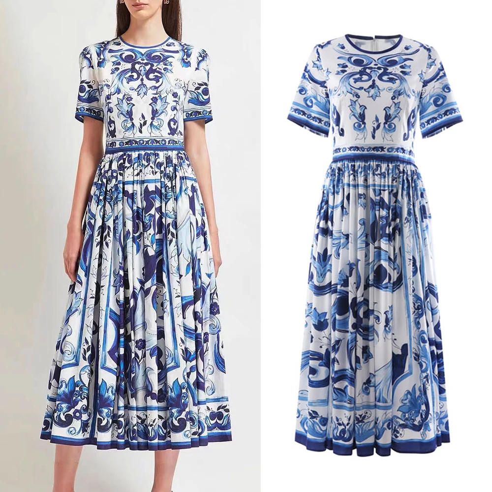 

2022 Summer New Vintage Blue and White Porcelain Positioning Print Dress Women's Round Neck Short Sleeve Waist A Line Dress