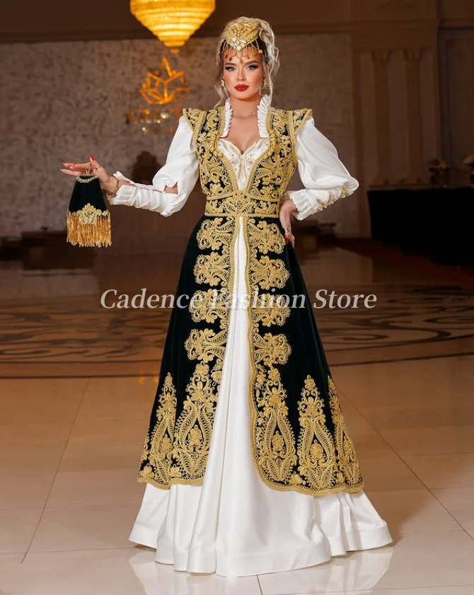 Customized  Luxury Black and White Long Sleeve Arabian Two Piece Prom Dresses Gold Lace Applique Dubai A-Line Evening Gowns