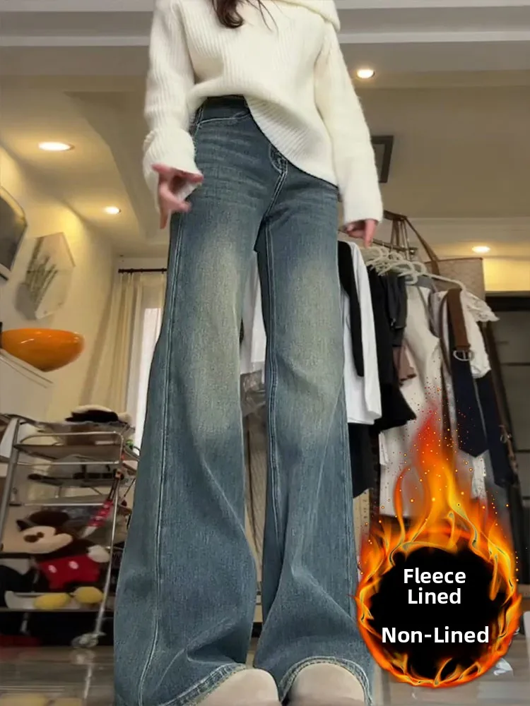 

Расклешенные джинсы на подкладке в стиле ретро, женские узкие осенне-зимние джинсовые брюки с высокой талией, повседневные брюки с эффектом похудения