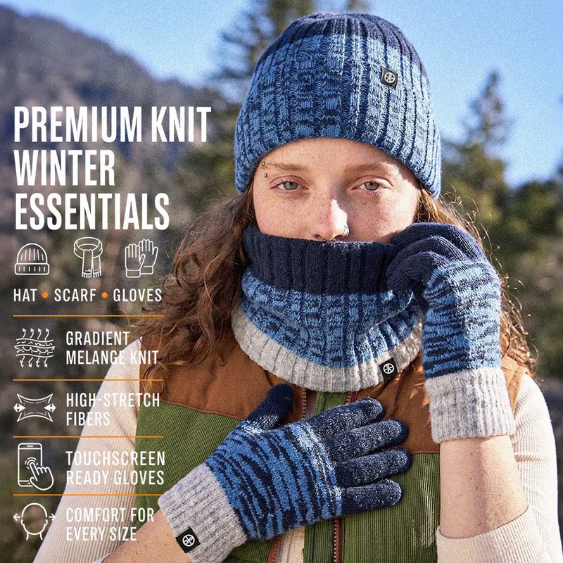 New Gradient Knitted 3Pcs Set Fleece Lined Beanie Neck Warmer Touchscreen Gloves Thick Thermal Winter Set for Men Women
