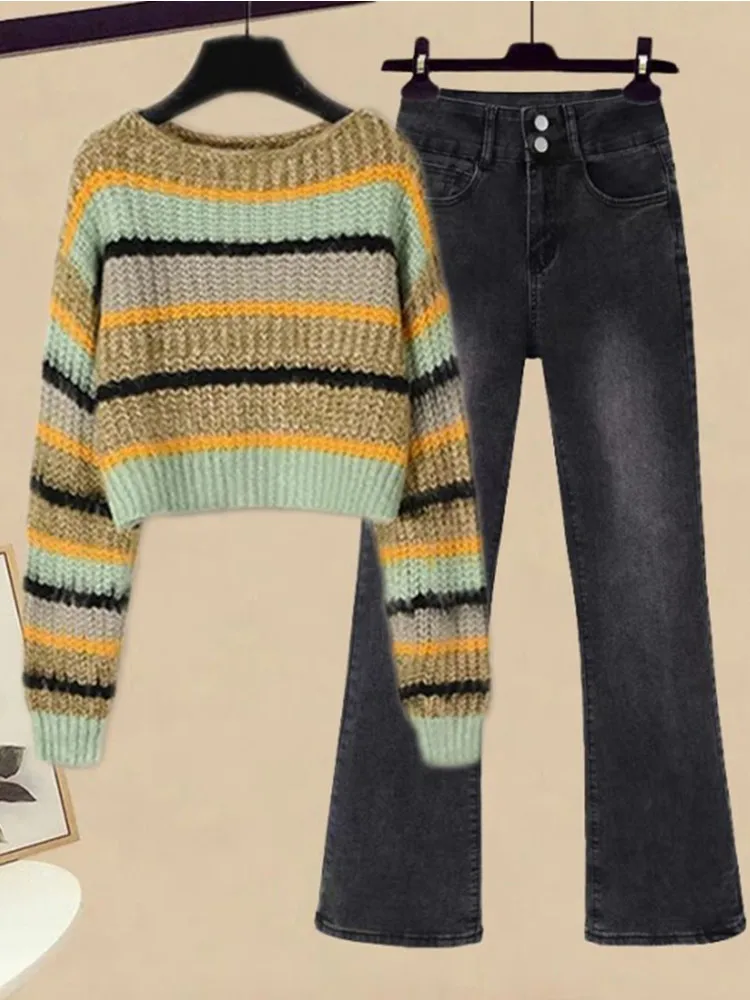 Ensemble pull et jean ample à rayures pour femme, costume à la mode, style paresseux français, automne et hiver, nouveau, 2 pièces