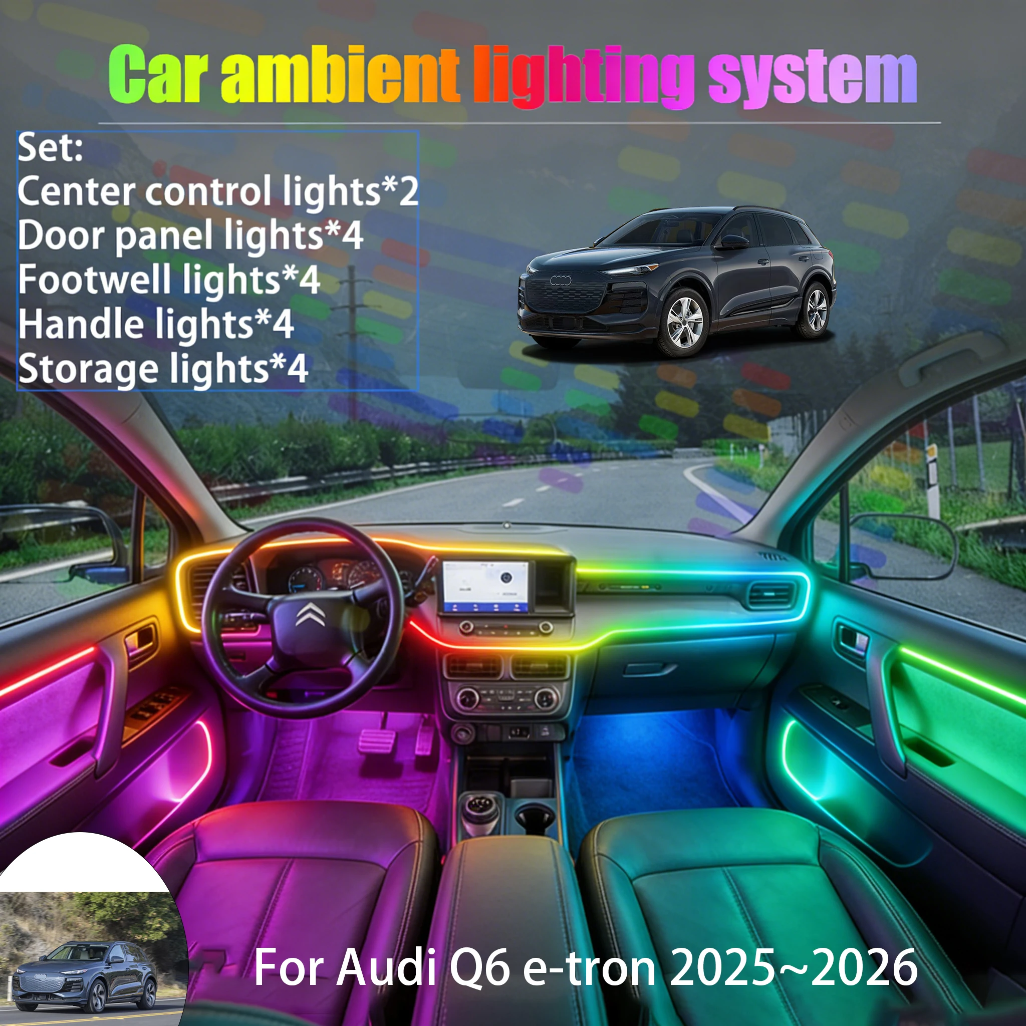 

For Audi Q6 e-tron 2025~2026 2/18 in 1 Car ambient lighting Led trunk interior led lights USB RGB Ensemble Streamer Auto Parts