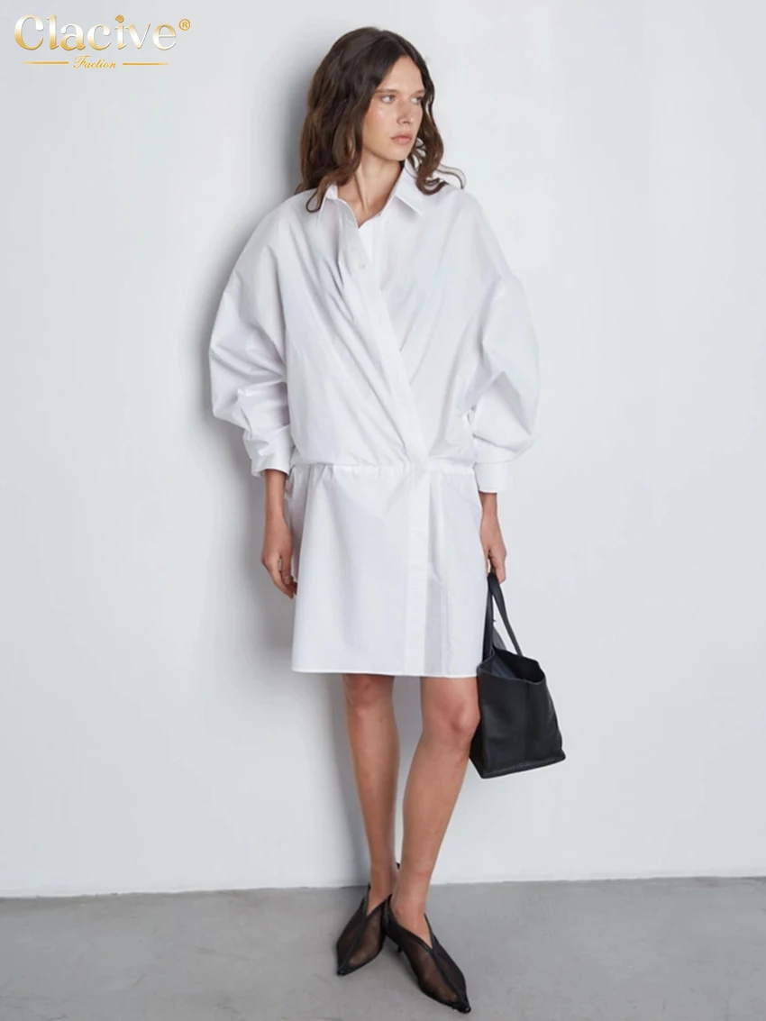 Clacive Fashion Loose White Cotton Women's Blouse Casual Lapel Long Sleeve Shirt Elegant Classic Solid Tops Female Clothing