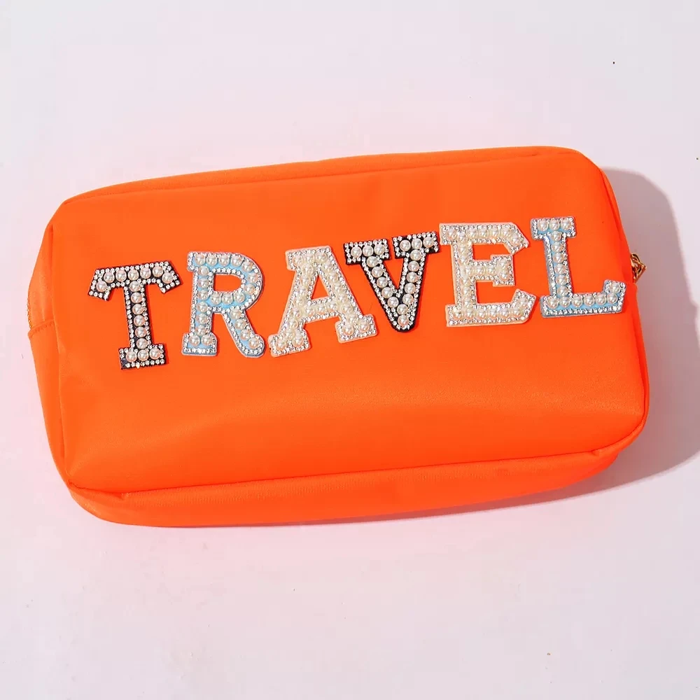 Stock Wholesale Multi Colors Waterproof Nylon Pouch Cosmetic Bag Women Letters Patch DIY Makeup Bag Teens large toiletry bag