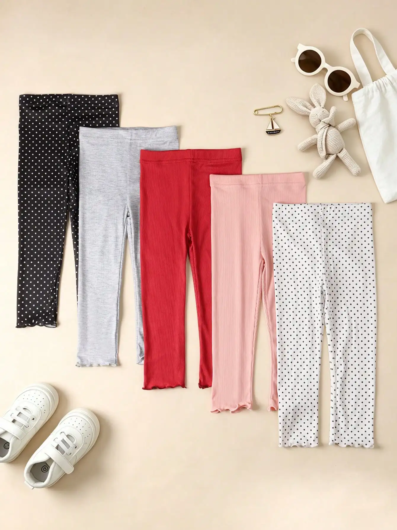 Girls Ribbed Polka Dot Leggings 5-Pack Ruffled Wavy Hem Stretch Slim Pants Soft Kids Spring Autumn Daily Basic Casual Outfits
