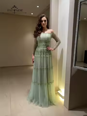 FATAPAESE Customized Fully Crystals Gems Luxury Evening Dresses 2026 Soft Tulle Full Sleeve Prom Dress Wedding Guest Dress