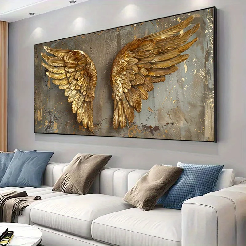 Modern Decor Large Frameless Canvas Art Golden Angel Wings Distressed Texture Elegant Wall Decor for Living Room and Bedroom view 2
