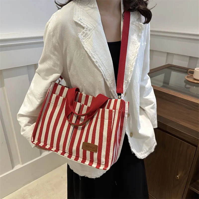 

Large-Capacity Bag Women's Bag Popular Striped Canvas Bag Crossbody Bag Fashion Handheld Tote Bag