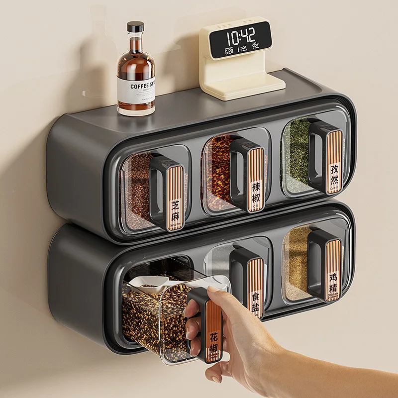 Wall Mounted Spice Organizer Box Airtight Compartments No Drill Seasoning Storage Rack for Kitchen Countertop Use 양념 정리함