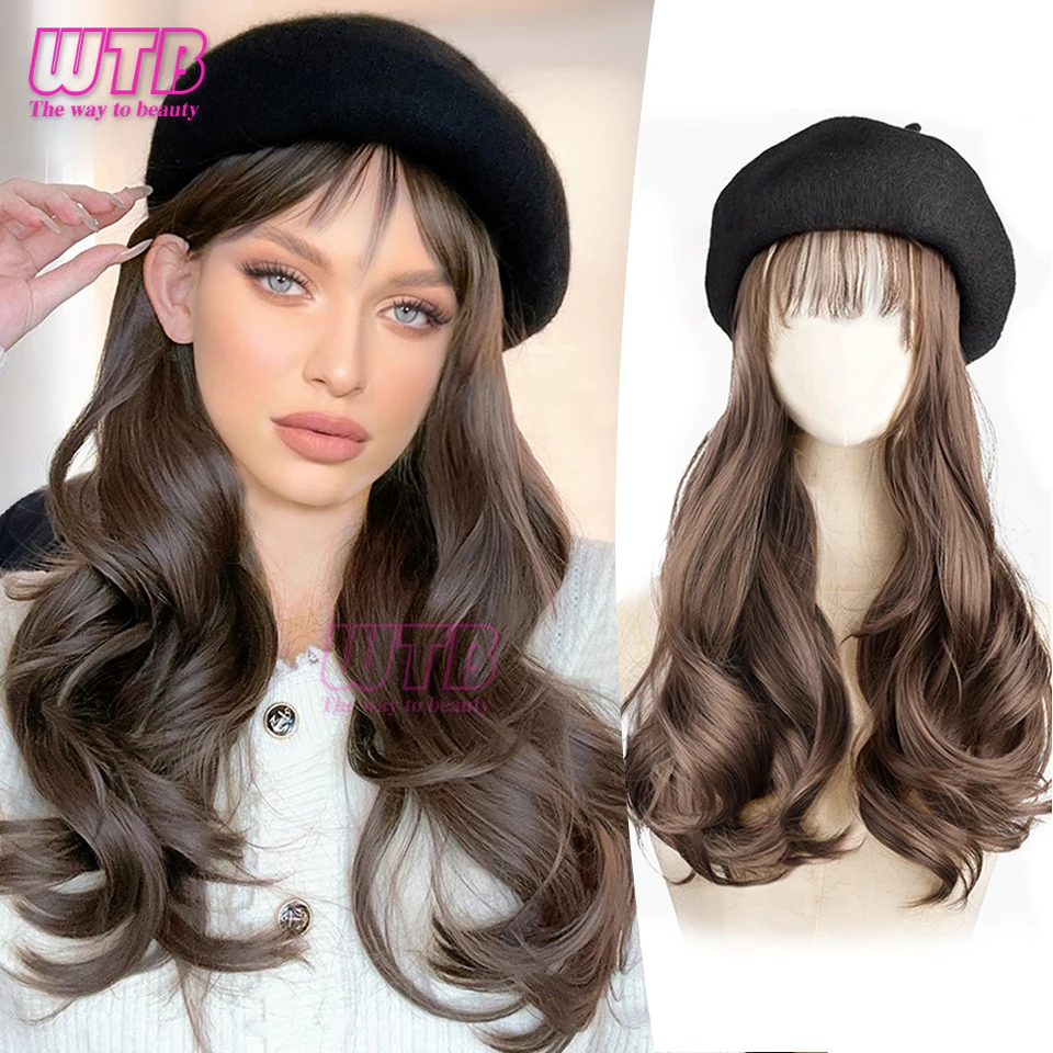 

WTB 16 Inch Long Curly Hair With Black Woolen Beret With Bangs Synthetic Fashion Lazy Long Curly Hair Beret Wig Naturally Fluffy