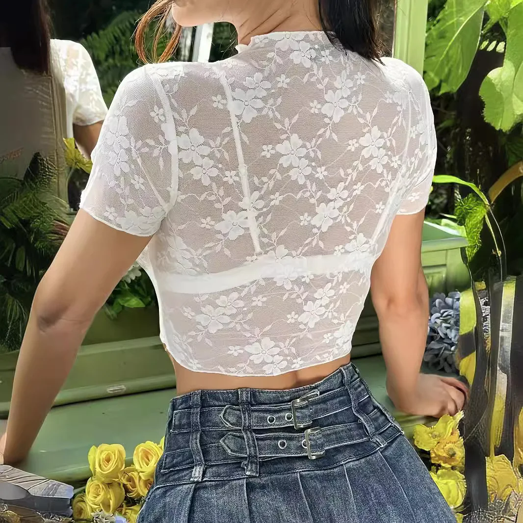 Women's New Floral Lace Sheer High Neck Short Sleeve Crop Slimming Lightweight Breathable Comfortable Casual Daily Wear T Shirt